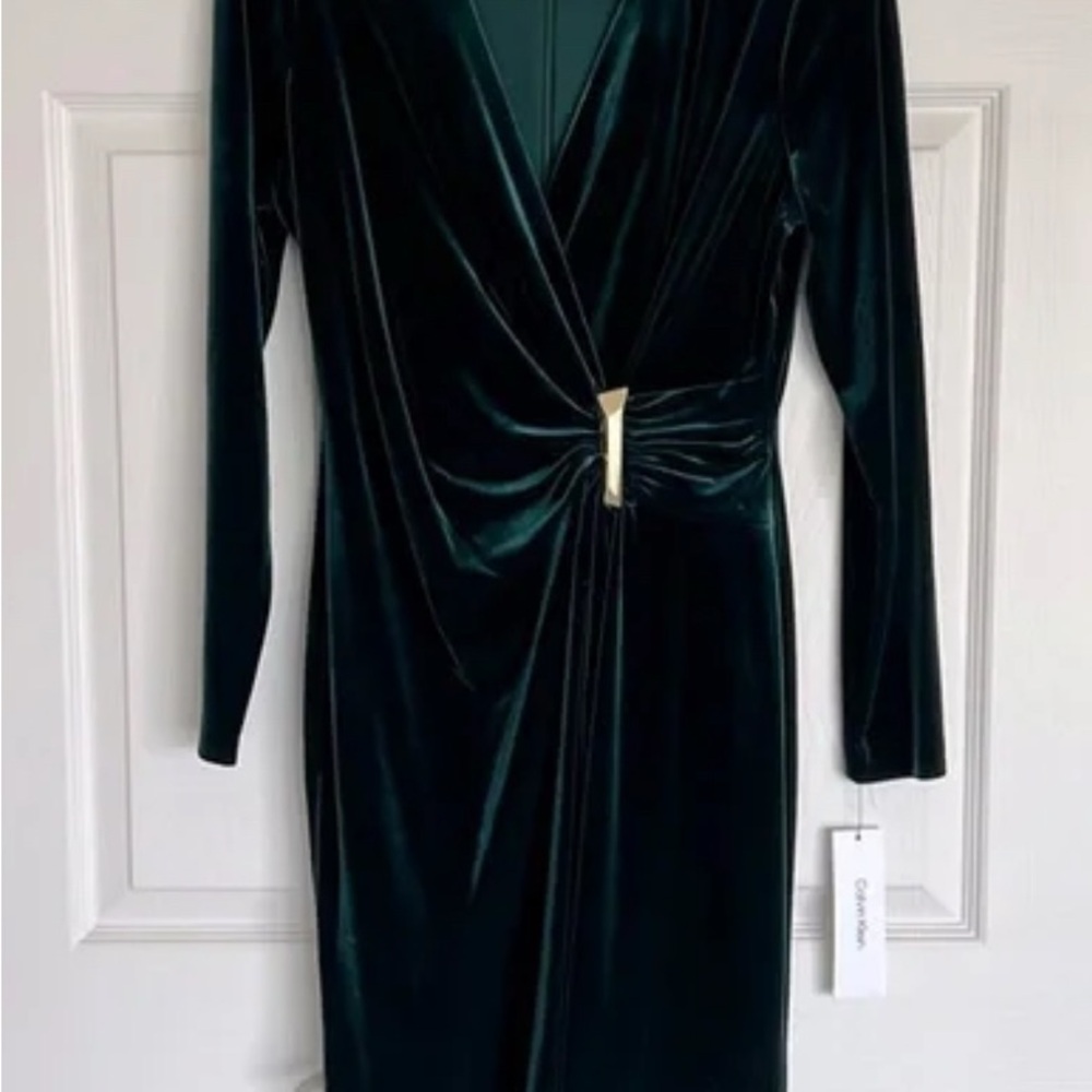 Calvin Klein Green Ruched Wrap Dress Long Sleeve Plunge